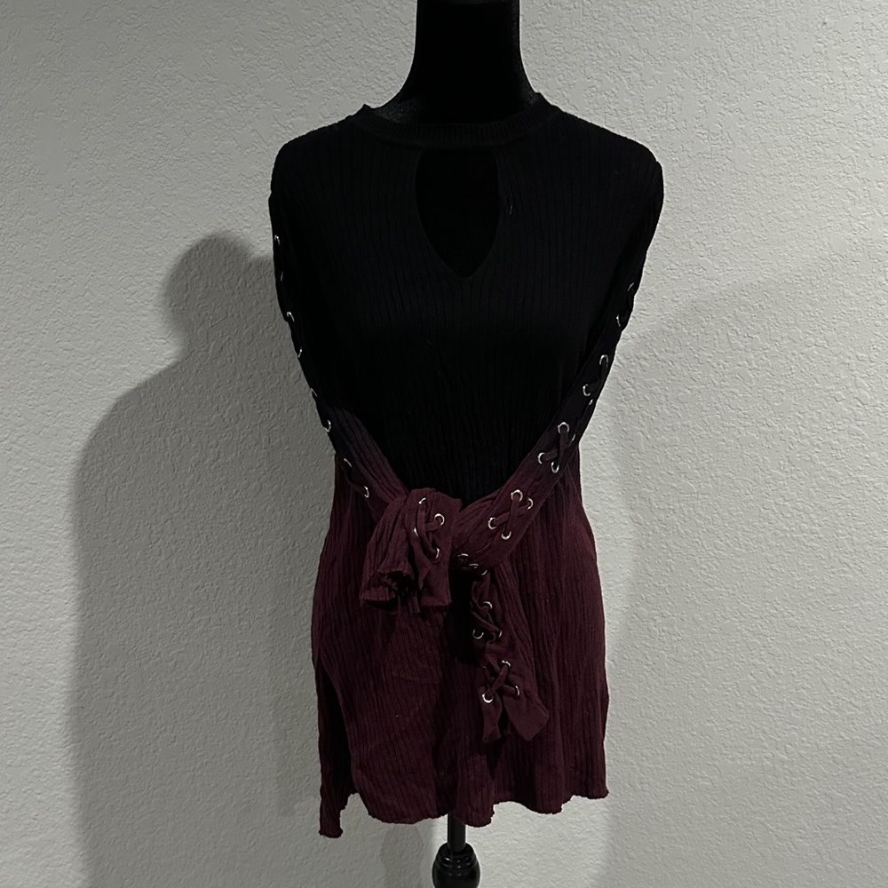 Rock & Republic Black and Burgundy Lace-Up Tank Top